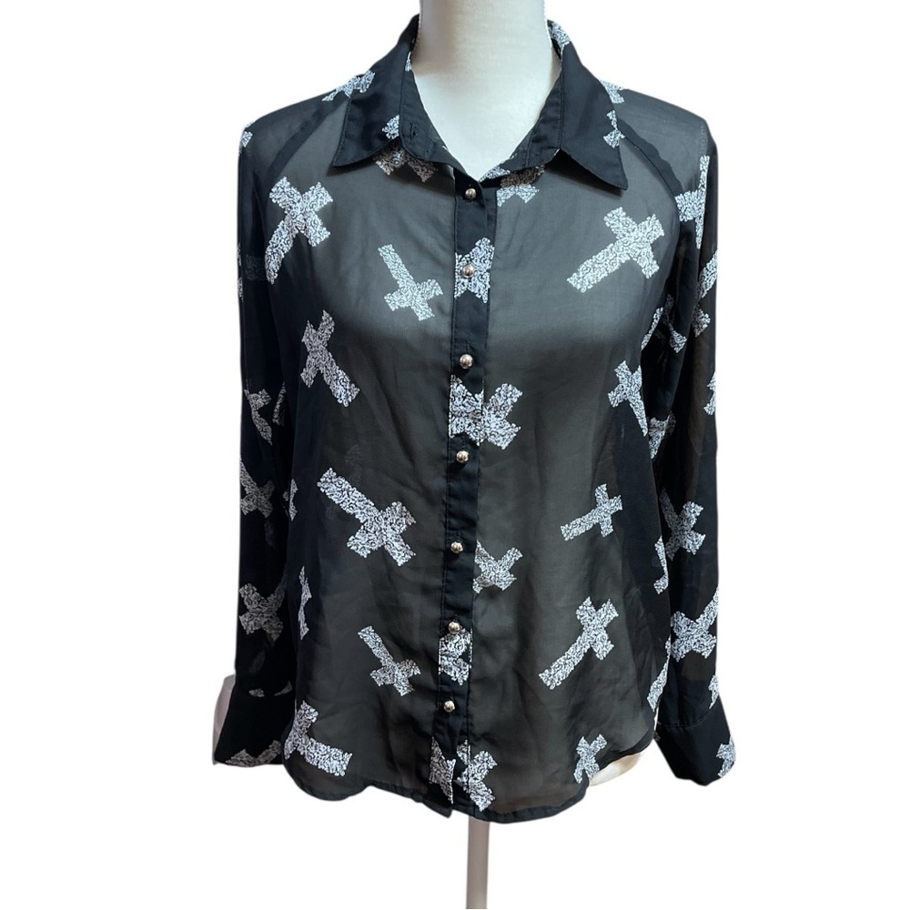 Haley Starr Women Cross Blouse Sheer Button Up Size Small Witchy Goth Whimsygoth